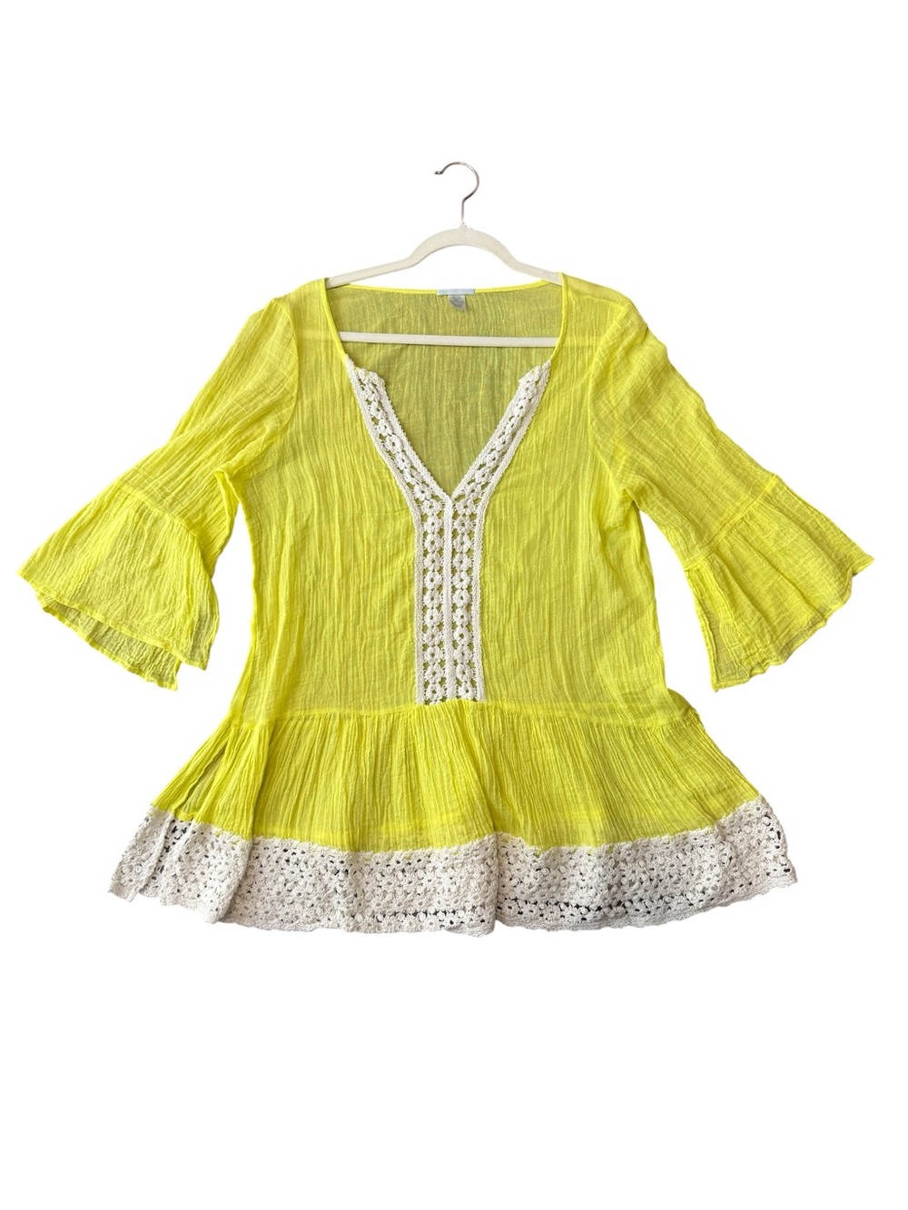 Eberjey Lime Cotton Gauze Lace Tunic Cover Up Short Dress Boho Bell Sleeve S/M